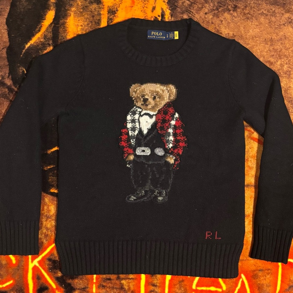 Polo Ralph Lauren Black Wool blend Bear Jumper Sweater Small Petite